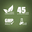 Infographic highlighting finest ingredients, 45 years of manufacturing, GMP quality, and lab-tested assurance.