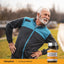 An older man stretches his back next to a Luteolin Complex bottle, promoting health and wellness.