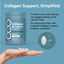 A hand holds various caplets, including an NCL Collagen + Vitamin C caplet measuring 0.75 inches long.