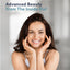 Young adult woman smiling and touching her face with text: Advanced Beauty From The Inside Out.