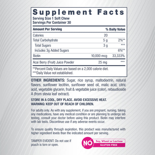 Biotin Beauty Acai Berry Flavor, 30 Tasty Soft Chews