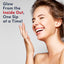 A young adult woman laughing and touching her face, with text 'Glow From the Inside Out, One Sip at a Time!' for NCL Collagen Liquid.