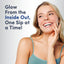 Young woman smiling and touching her cheek, with text 'Glow From the Inside Out, One Sip at a Time!' beside Hyaluronic Acid Liquid.