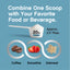 Product highlights graphic stating: Combine one scoop (20g Collagen, 2.5 Tbsp) with food or drink like coffee, smoothie, or oatmeal.