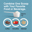 Graphic text: 'Combine One Scoop with Your Favorite Food or Beverage.' White powder scoop (approx. 5g). Mix with coffee, smoothie, oatmeal.