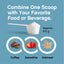 Product highlights graphic stating: Combine one scoop with your favorite food or beverage. Approx. 9.5 g. Shown with coffee, smoothie, oatmeal.