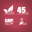 Infographic highlighting finest ingredients, 45 years of manufacturing, GMP quality, and lab-tested product.