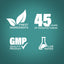 Infographic stating finest ingredients, 45 years of manufacturing, GMP quality, lab tested product.
