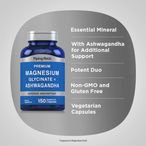 Magnesium Glycinate + Ashwagandha, 150 Vegetarian Capsules, 2  Bottles