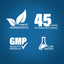 Infographic highlighting finest ingredients, 45 years of manufacturing, GMP quality product, and lab tested assurance.