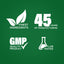 Infographic highlighting finest ingredients, 45 years of manufacturing, GMP quality product, and lab-tested assurance.