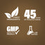 Infographic detailing finest ingredients, 45 years of manufacturing, GMP quality, and lab-tested products.