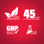 Infographic highlighting finest ingredients, 45 years in manufacturing, GMP quality, and lab testing.