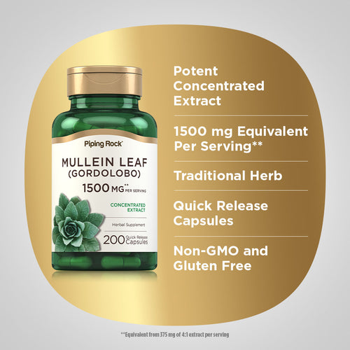 Mullein Leaf (Gordolobo), 1500 mg (per serving), 200 Quick Release Capsules