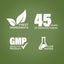 Infographic showing finest ingredients, 45 years of manufacturing, GMP quality product, and lab tested assurance.