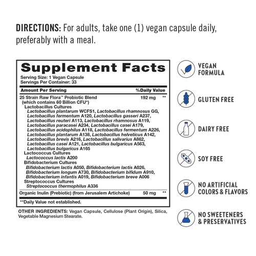 Probiotic 25 Strains 60 Billion plus Prebiotic, 33 Vegan Capsules