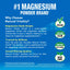 Product highlights graphic stating #1 Magnesium Powder, water-soluble, easy absorption, relaxation, health, Vegan, RAW, CLEAN, Non GMO.