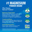 Infographic showcasing the #1 magnesium powder brand, vegan, certified R.A.W. and C.L.E.A.N., non-GMO Project verified.