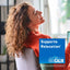 Young woman relaxing with eyes closed in a chair beside a Natural Vitality MaxCalm graphic.
