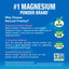 Infographic showing top-selling magnesium powder brand, vegan, Certified R.A.W.™, Certified C.L.E.A.N.™, NON GMO Project Verified.