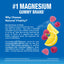 Product highlights graphic stating #1 Magnesium, Raspberry-Lemon Gummies for calm. Absorbs well, no artificial sweeteners.