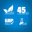 Infographic showcasing finest ingredients, 45 years of manufacturing, GMP quality product, and lab testing.