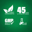 Infographic highlighting finest ingredients, 45 years of manufacturing, GMP quality product, and lab testing assurance.