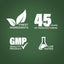 Infographic showing finest ingredients, 45 years of manufacturing, GMP quality product, and lab testing.