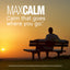A man sits on a park bench at sunset with the text 'MAXCALM Calm that goes where you go.'