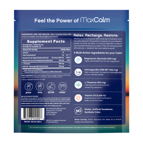 MaxCalm® Relaxing Drink Mix* Magnesium Glycinate Raspberry-Lemonade, 30 Stick Packs