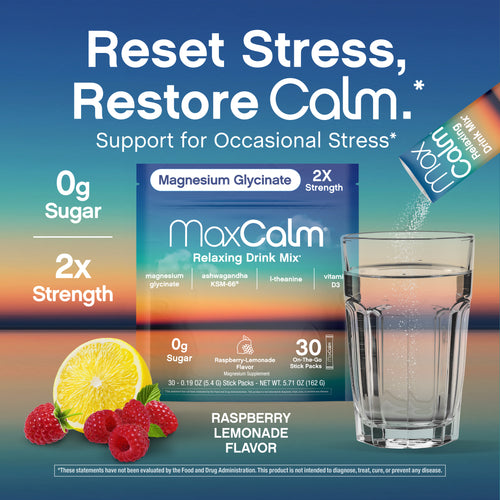 MaxCalm® Relaxing Drink Mix* Magnesium Glycinate Raspberry-Lemonade, 30 Stick Packs