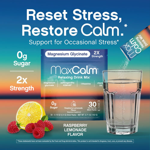 MaxCalm Relaxing Drink Mix Raspberry-Lemonade, 30 Stick Packs
