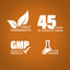 Graphic stating Finest Ingredients, 45 Years of Manufacturing, GMP Quality Product, Lab Tested