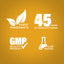 Graphic stating Finest Ingredients, 45 Years of Manufacturing, GMP Quality Product, Lab Tested