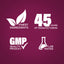 Infographic detailing the finest ingredients, 45 years of manufacturing experience, GMP quality assurance, and lab testing.