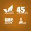 Graphic stating Finest Ingredients, 45 Years of Manufacturing, GMP Quality Product, Lab Tested