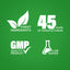 Graphic stating Finest Ingredients, 45 Years of Manufacturing, GMP Quality Product, Lab Tested