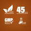 Graphic stating Finest Ingredients, 45 Years of Manufacturing, GMP Quality Product, Lab Tested