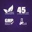 Infographic stating finest ingredients, 45 years of manufacturing, GMP quality product, and lab tested assurance.