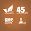 Graphic stating Finest Ingredients, 45 Years of Manufacturing, GMP Quality Product, Lab Tested