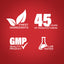Infographic illustrating finest ingredients, 45 years of manufacturing, GMP quality product, and lab tested assurance.