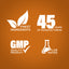 Infographic highlighting finest ingredients, 45 years of manufacturing, GMP quality, and lab-tested product assurance.