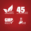 Infographic displaying top ingredients, 45 years of manufacturing experience, GMP quality assurance, and lab testing.