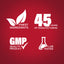 Infographic highlighting finest ingredients, 45 years of manufacturing, GMP quality product, and lab tested assurance.