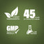 Graphic stating Finest Ingredients, 45 Years of Manufacturing, GMP Quality Product, Lab Tested