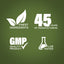Graphic stating Finest Ingredients, 45 Years of Manufacturing, GMP Quality Product, Lab Tested