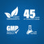 Graphic stating Finest Ingredients, 45 Years of Manufacturing, GMP Quality Product, Lab Tested