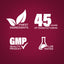 Graphic stating Finest Ingredients, 45 Years of Manufacturing, GMP Quality Product, Lab Tested