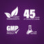 Graphic highlighting finest ingredients, 45 years of manufacturing, GMP quality, and lab-tested guarantees.