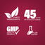 Graphic stating Finest Ingredients, 45 Years of Manufacturing, GMP Quality Product, Lab Tested